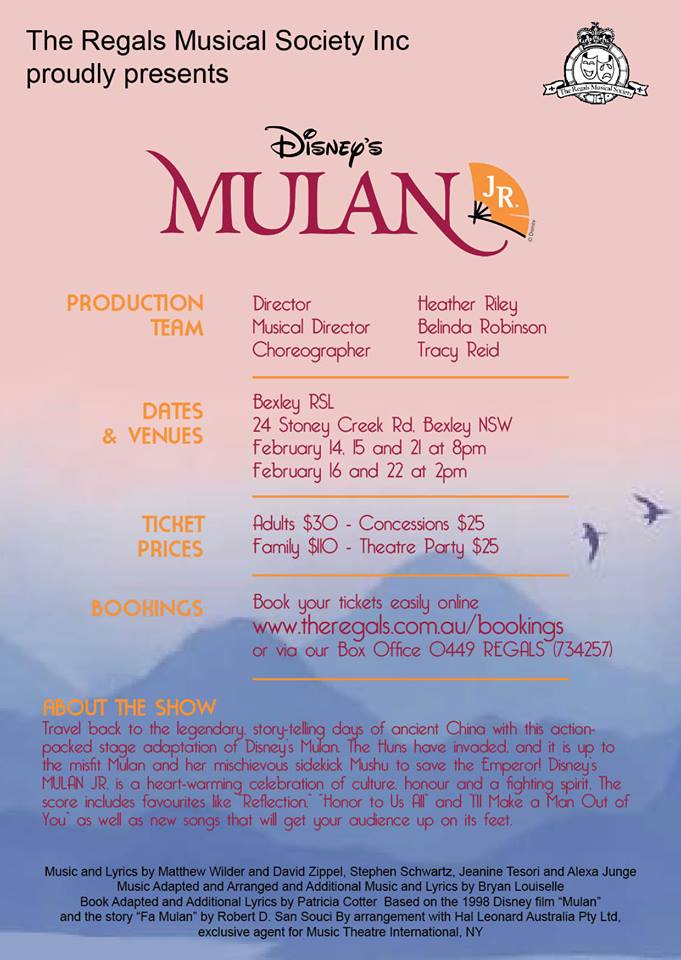 The Regals Musical Society - Disney Mulan-Jr_-logo - Andrew Croucher Photography - Postcard Flyer Back